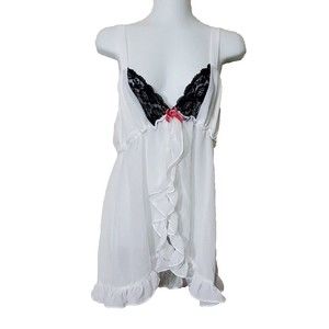 Flora Nikrooz Babydoll Large White Chiffon Lace Sheer Chemise Nightie Lingerie
